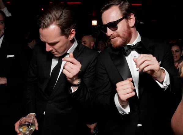 Benedict Cumberbatch and Michael Fassbender having a dance-off at the Golden Globes