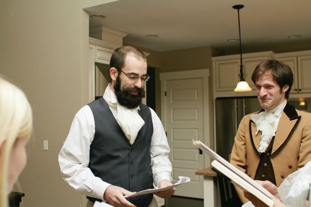 "My brother-in-law as Mr. Bingley; My  boyfriend as Mr. Darcy as he tries to keep a straight face."