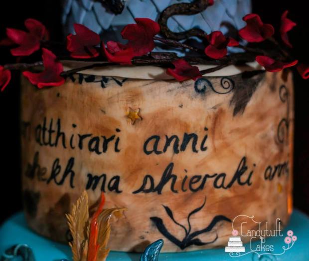 "Reads... 'Jalan atthirari anni: shekh ma shieraki anni' which means 'sun and stars moon of my life' sentiments shared between Khal Drogo and his Khaleesi, Daenerys Targaryen"