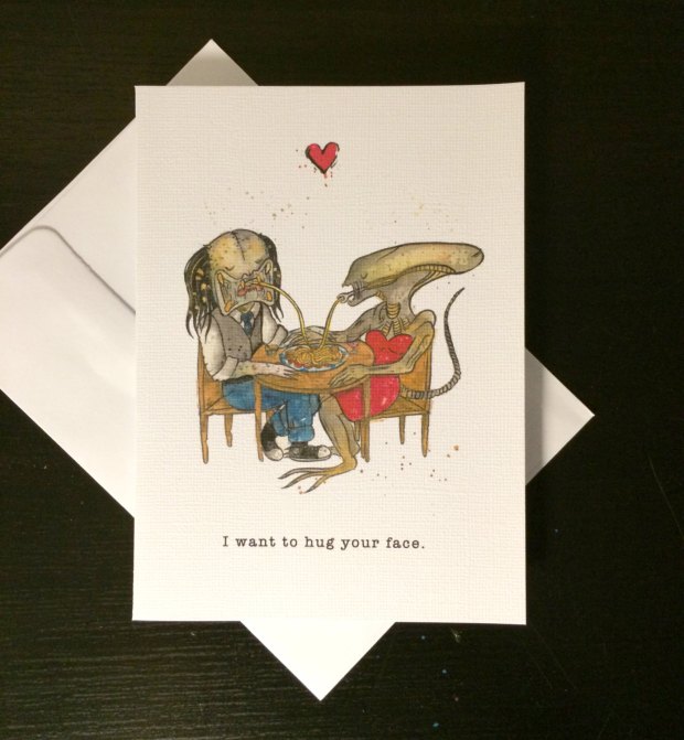 Valentine's Day Card Alien Loves Predator "I want to hug your face" Blank Card / Archival 4x6 inch watercolor print created by Nicole Sloan (Purchase it here)
