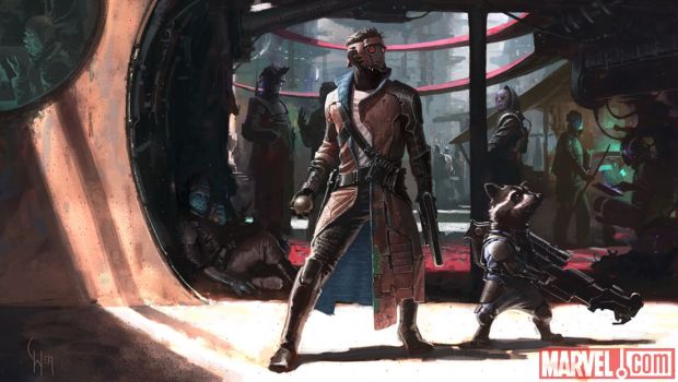 Early concept art of Peter Quill and Rocket Raccoon from Marvel's Guardians of the Galaxy