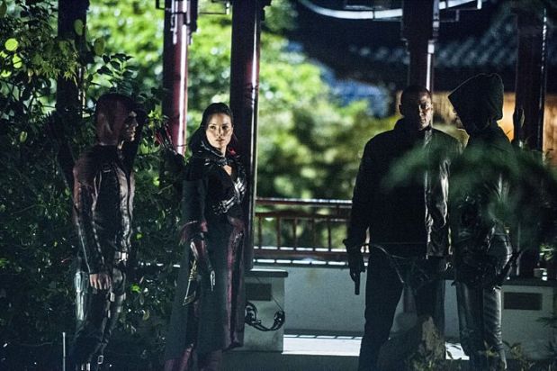 Arrow -- "The Magician" Pictured (L-R): Colton Haynes as Arsenal, Katrina Law as Nyssa al Ghul, David Ramsey as John Diggle, and Stephen Amell as The Arrow -- Photo: Cate Cameron/The CW -- ÃÂ© 2014 The CWNetwork, LLC. All Rights Reserved.