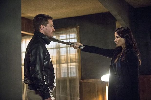Arrow -- "The Magician" Pictured (L-R): Stephen Amell as Oliver Queen and Katrina Law as Nyssa al Ghul -- Photo: Cate Cameron/The CW -- ÃÂ© 2014 The CW Network, LLC. All Rights Reserved.