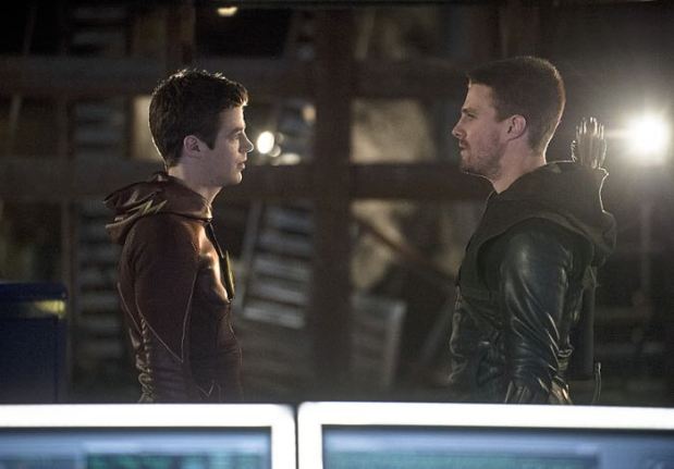Arrow -- "The Brave and the Bold" Pictured (L-R): Grant Gustin as Barry Allen/The Flash and Stephen Amell as Olliver Queen/The Arrow -- Photo: Cate Cameron/The CW -- ÃÂ© 2014 The CW Network, LLC. All Rights Reserved.