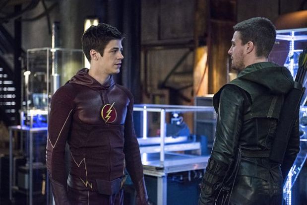 Arrow -- "The Brave and the Bold" Pictured (L-R): Grant Gustin as Barry Allen/The Flash and Stephen Amell as Olliver Queen/The Arrow -- Photo: Cate Cameron/The CW -- ÃÂ© 2014 The CW Network, LLC. All Rights Reserved.