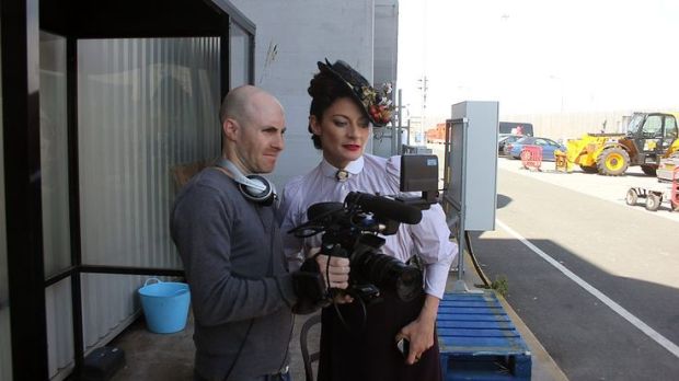 Michelle Gomez gets behind the camera during filming at Roath Lock studios in Cardiff Bay.