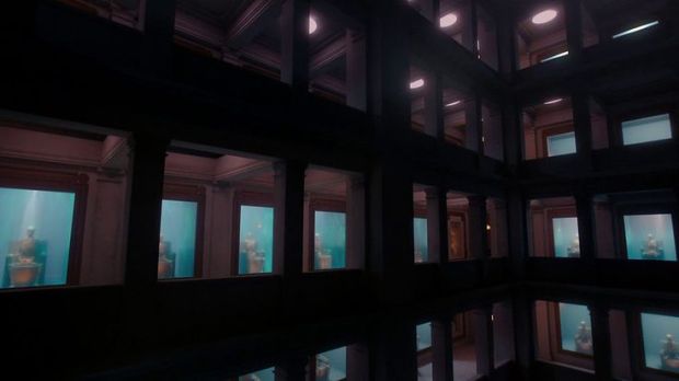 The Doctor and Clara discover a mausoleum filled with tombs.