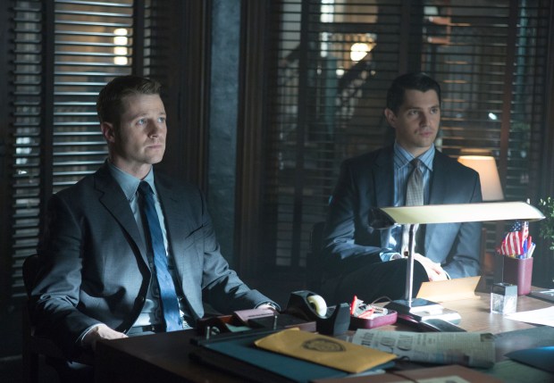 GOTHAM: Detective James Gordon (Ben McKenzie, L) and Harvey Dent (guest star Nicholas D'Agosto, R) are reprimanded by the Mayor in the "Lovecraft" episode of GOTHAM airing Monday, Nov. 24 (8:00-9:00 PM ET/PT) on FOX. ©2014 Fox Broadcasting Co. Cr: Jessica Miglio/FOX
