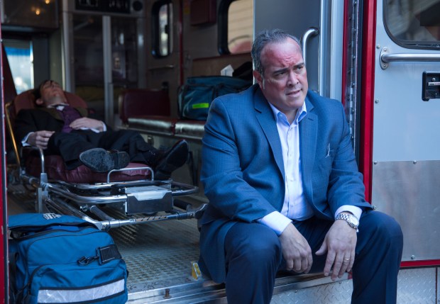 GOTHAM: Sal Maroni (guest star David Zayas, R) recovers after his headquarters are attacked in the "What The Little Bird Told Him" episode of GOTHAM airing Monday, Jan. 19 (8:00-9:00 PM ET/PT) on FOX. Also pictured: Robin Lord Taylor. ©2014 Fox Broadcasting Co. Cr: Jessica Miglio/FOX