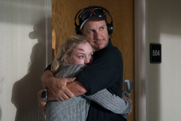 Emily Kinney and Michael Satrazemis Director of Photography- The Walking Dead _ Season 5, Episode 8 _ BTS - Photo Credit: Gene Page/AMC