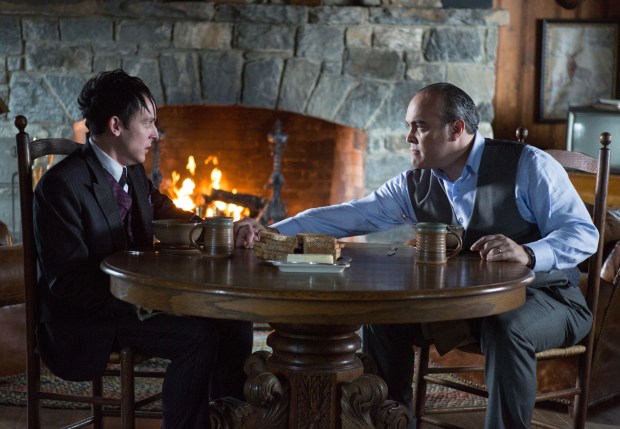 GOTHAM: Maroni (guest star David Zayas, R) tests Oswald Cobblepot's (Robin Lord Taylor, L) loyalty in the "The Fearsome Dr. Crane" episode of GOTHAM airing Monday, Feb. 2 (8:00-9:00 PM ET/PT) on FOX. ©2015 Fox Broadcasting Co. Cr: Jessica Miglio/FOX