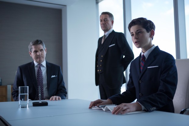 GOTHAM:  Bruce Wayne (David Mazouz, R) meets with the Wayne Enterprises board members in the "The Blind Fortune Teller" episode of GOTHAM airing Monday, Feb. 16 (8:00-9:00 PM ET/PT) on FOX.  Also pictured:  Sean Petwee, C.  ©2015 Fox Broadcasting Co.  Cr:  Jessica Miglio/FOX