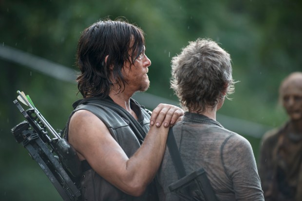 Norman Reedus and Melissa McBride - The Walking Dead _ Season 5, Episode 10 _ BTS - Photo Credit: Gene Page/AMC
