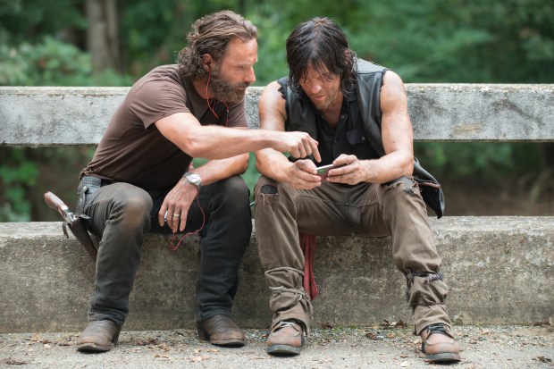 Andrew Lincoln and Norman Reedus - The Walking Dead _ Season 5, Episode 10 _ BTS - Photo Credit: Gene Page/AMC