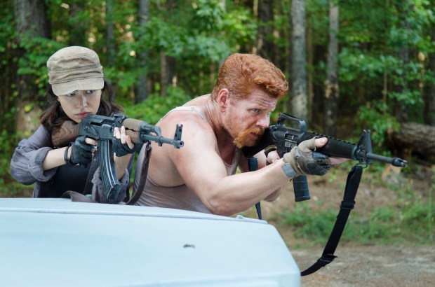 Christian Serratos as Rosita Espinosa and  Michael Cudlitz as Abraham - The Walking Dead _ Season 5, Episode 11 - Photo Credit: Gene Page/AMC
