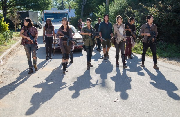 Alanna Masterson as Tara Chambler, Danai Gurira as Michonne, Christian Serratos as Rosita Espinosa, Andrew Lincoln as Rick Grimes, Sonequa Martin-Green as Sasha, Seth Gilliam as Father Gabriel, Josh McDermitt as Dr. Eugene Porter, Lauren Cohan as Maggie Greene, Tyler James Williams as Noah and Steven Yeun as Glenn Rhee - The Walking Dead _ Season 5, Episode 12 - Photo Credit: Gene Page/AMC