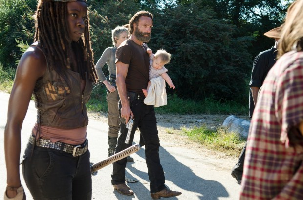 Danai Gurira as Michonne, Melissa McBride as Carol Peletier and Andrew Lincoln as Rick Grimes - The Walking Dead _ Season 5, Episode 12 - Photo Credit: Gene Page/AMC