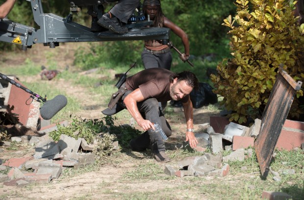 Andrew Lincoln and Danai Gurira - The Walking Dead _ Season 5, Episode 9 _ BTS - Photo Credit: Gene Page/AMC