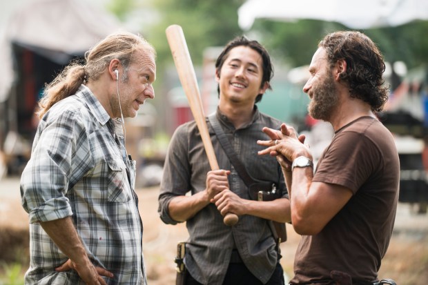 Greg Nicotero, Steven Yeun and Andrew Lincoln - The Walking Dead _ Season 5, Episode 9 _ BTS - Photo Credit: Gene Page/AMC