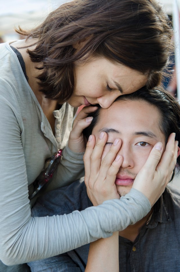 Lauren Cohan and Steven Yeun - The Walking Dead _ Season 5, Episode 12 _ BTS - Photo Credit: Gene Page/AMC