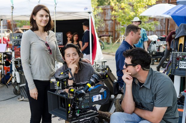 Lauren Cohan and Steven Yeun - The Walking Dead _ Season 5, Episode 12 _ BTS - Photo Credit: Gene Page/AMC