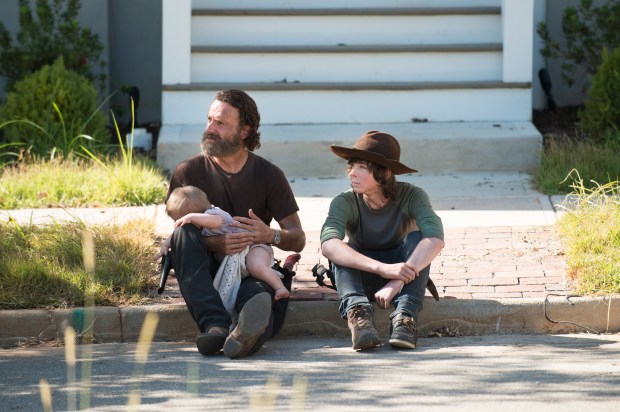 Andrew Lincoln and Chandler Riggs - The Walking Dead _ Season 5, Episode 12 _ BTS - Photo Credit: Gene Page/AMC