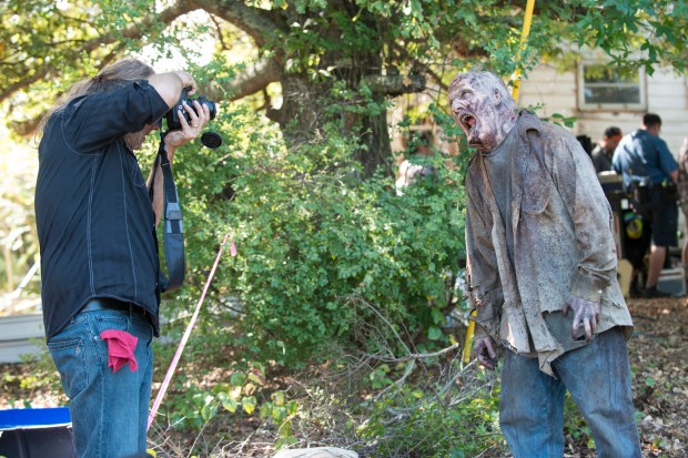 Greg Nicotero and Walker - The Walking Dead _ Season 5, Episode 12 _ BTS - Photo Credit: Gene Page/AMC