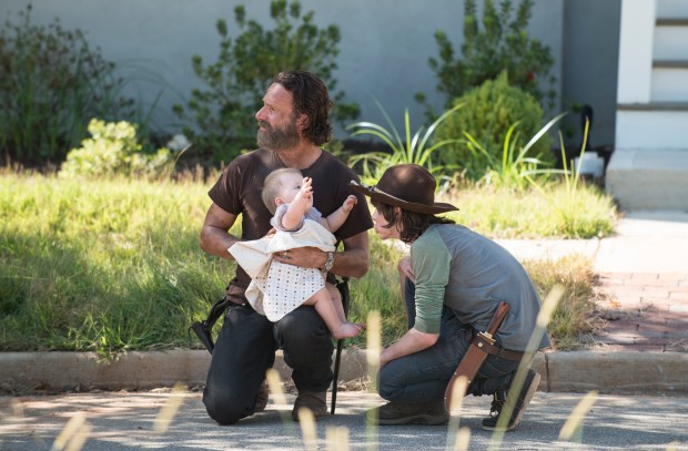 Andrew Lincoln and Chandler Riggs - The Walking Dead _ Season 5, Episode 12 _ BTS - Photo Credit: Gene Page/AMC