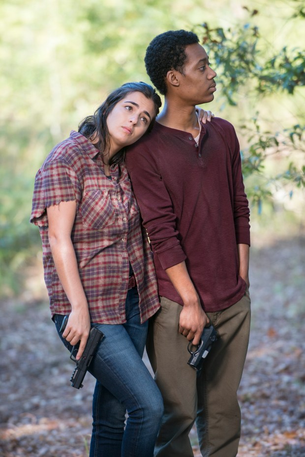 Alanna Masterson and Tyler James Williams - The Walking Dead _ Season 5, Episode 12 _ BTS - Photo Credit: Gene Page/AMC