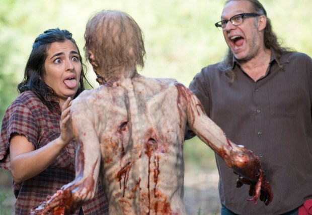 Alanna Masterson and Greg Nicotero - The Walking Dead _ Season 5, Episode 12 _ BTS - Photo Credit: Gene Page/AMC
