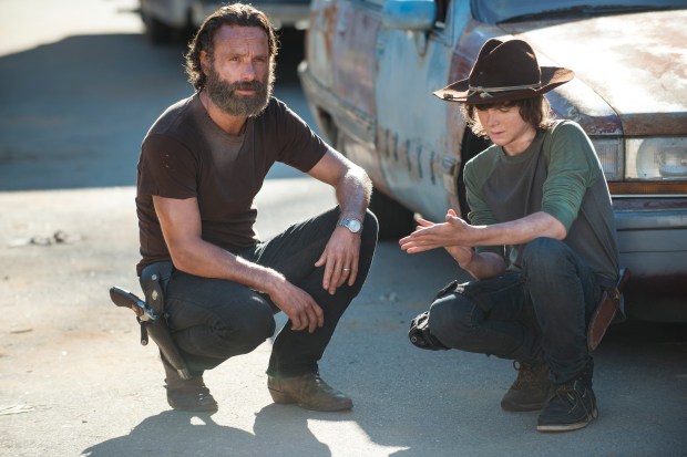 Andrew Lincoln and Chandler Riggs - The Walking Dead _ Season 5, Episode 12 _ BTS - Photo Credit: Gene Page/AMC