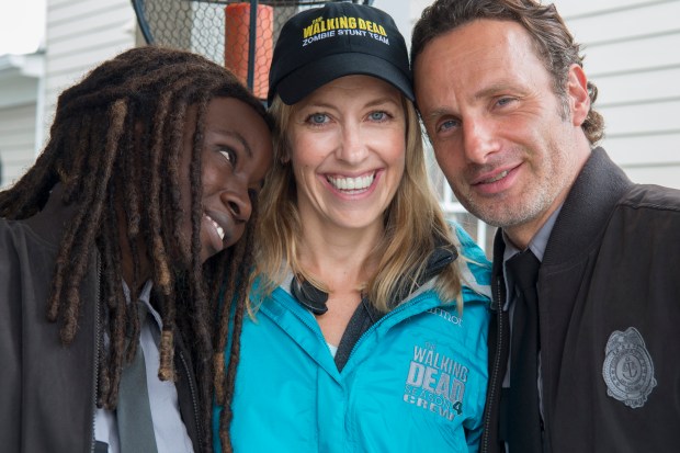 Danai Gurira, Denise Huth and Andrew Lincoln - The Walking Dead _ Season 5, Episode 13 _ BTS - Photo Credit: Gene Page/AMC