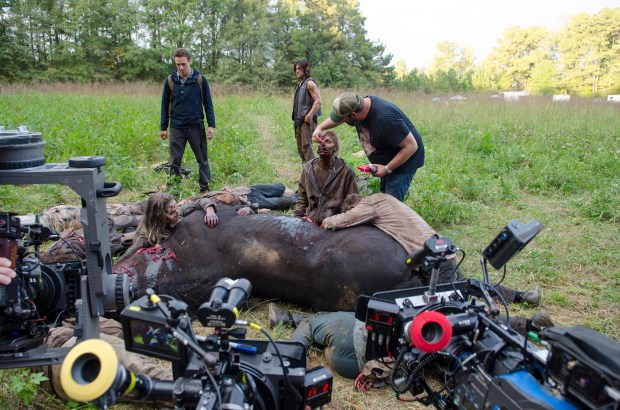 Ross Marquand and Norman Reedus - The Walking Dead _ Season 5, Episode 13 _ BTS - Photo Credit: Gene Page/AMC