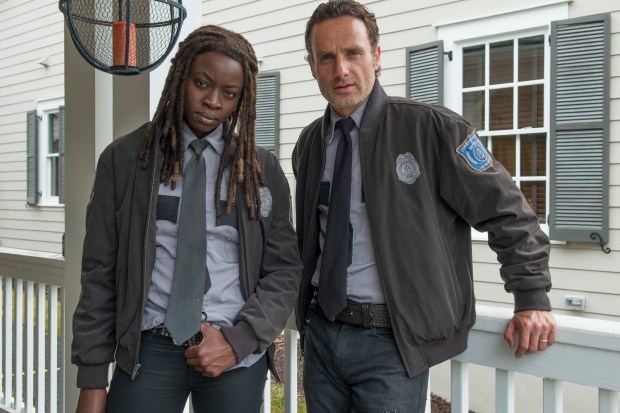 Danai Gurira and Andrew Lincoln - The Walking Dead _ Season 5, Episode 13 _ BTS - Photo Credit: Gene Page/AMC