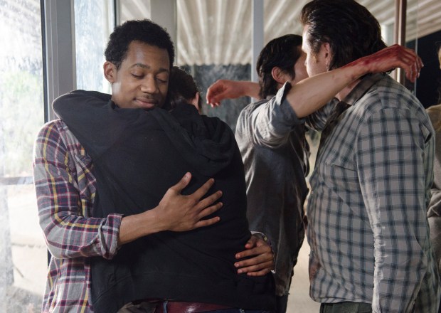 Tyler James Williams, Alanna Masterson, Steven Yeun and Josh McDermitt - The Walking Dead _ Season 5, Episode 14 _ BTS - Photo Credit: Gene Page/AMC