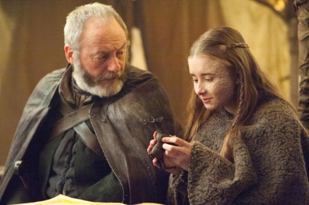 Liam Cunningham as Davos Seaworth, Kerry Ingram as Shireen Baratheon. Photographer: Helen Sloan/HBO