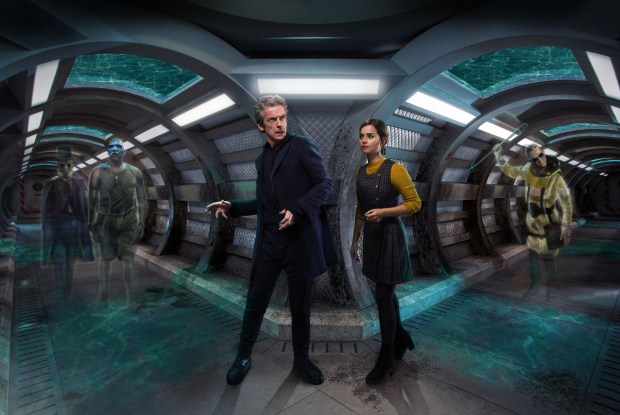 Picture shows: Paul Kaye as Prentis, Colin McFarlane as Moran, Peter Capaldi as the Doctor, Jenna Coleman as Clara and Steven Robertson as Pritchard