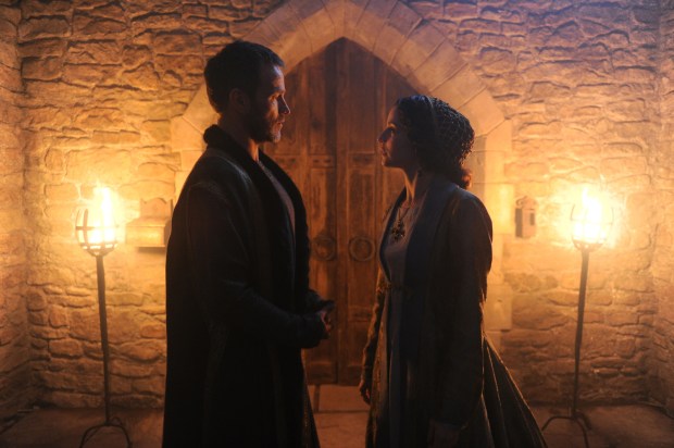 THE BASTARD EXECUTIONER - "Pilot" Episode 101/102 (Airs Tuesday, September 15, 10:00 pm/ep) Pictured: (L-R) Stephen Moyer as Milus Corbett, Flora Spencer-Longhurst as Baroness Lowry "Love" Ventris. CR: Ollie Upton/FX