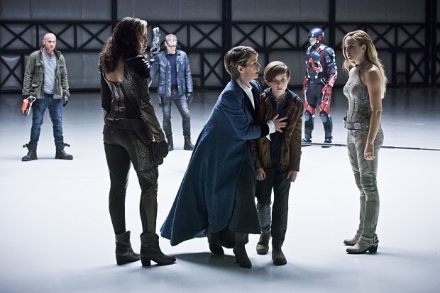 DC's Legends of Tomorrow -- "Last Refuge"-- Image LGN112b_0284b.jpg -- Pictured (L-R): Dominic Purcell as Mick Rory/Heat Wave, Ciara Renee as Kendra Saunders/Hawkgirl, Wentworth Miller as Leonard Snart/Captain Cold, Celia Imrie as Mary Xavier, Aiden Longworth as Young Rip Hunter, Brandon Routh as Ray Palmer/Atom and Caity Lotz as Sara Lance/White Canary -- Photo: Dean Buscher/The CW -- é 2016 The CW Network, LLC. All Rights Reserved.