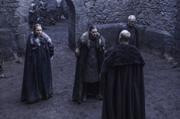 Sophie Turner as Sansa Stark, Kit Harington as Jon Snow, Liam Cunningham as Davos Seaworth, Tim McInnerny as Robett Glover. Credit: Helen Sloan/HBO