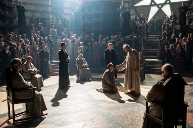 Finn Jones as Loras Tyrell and Jonathan Pryce as The High Sparrow. Credit: Helen Sloan/HBO.