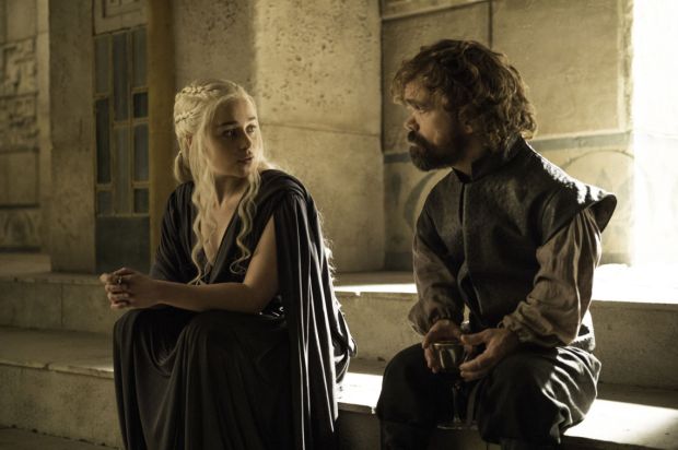 Emilia Clarke as Daenerys Targaryen and Peter Dinklage as Tyrion Lannister. Credit: Helen Sloan/HBO