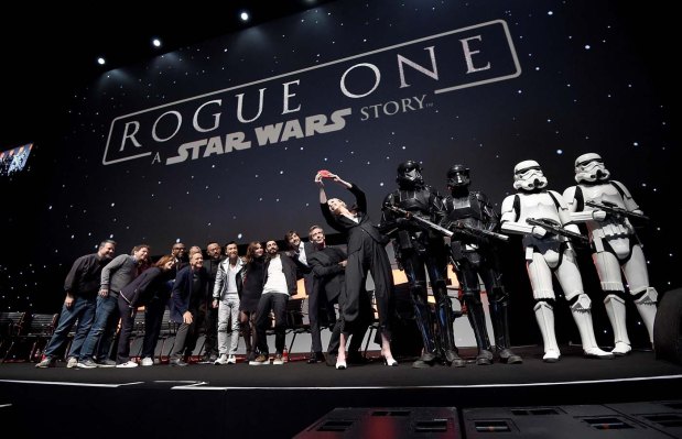 LONDON, ENGLAND - JULY 15: (L-R) Forest Whitaker, Mads Mikkelsen, Alan Tudyk, Wen Jiang, Donnie Yen, Felicity Jones, Riz Ahmed, Diego Luna, Ben Mendelsohn and Gwendoline Christie take a selfie on stage during the Rogue One Panel at the Star Wars Celebration 2016 at ExCel on July 15, 2016 in London, England. (Photo by Ben A. Pruchnie/Getty Images for Walt Disney Studios) *** Local Caption *** Forest Whitaker; Mads Mikkelsen; Alan Tudyk; Wen Jiang; Donnie Yen; Felicity Jones; Riz Ahmed; Diego Luna; Ben Mendelsohn; Gwendoline Christie